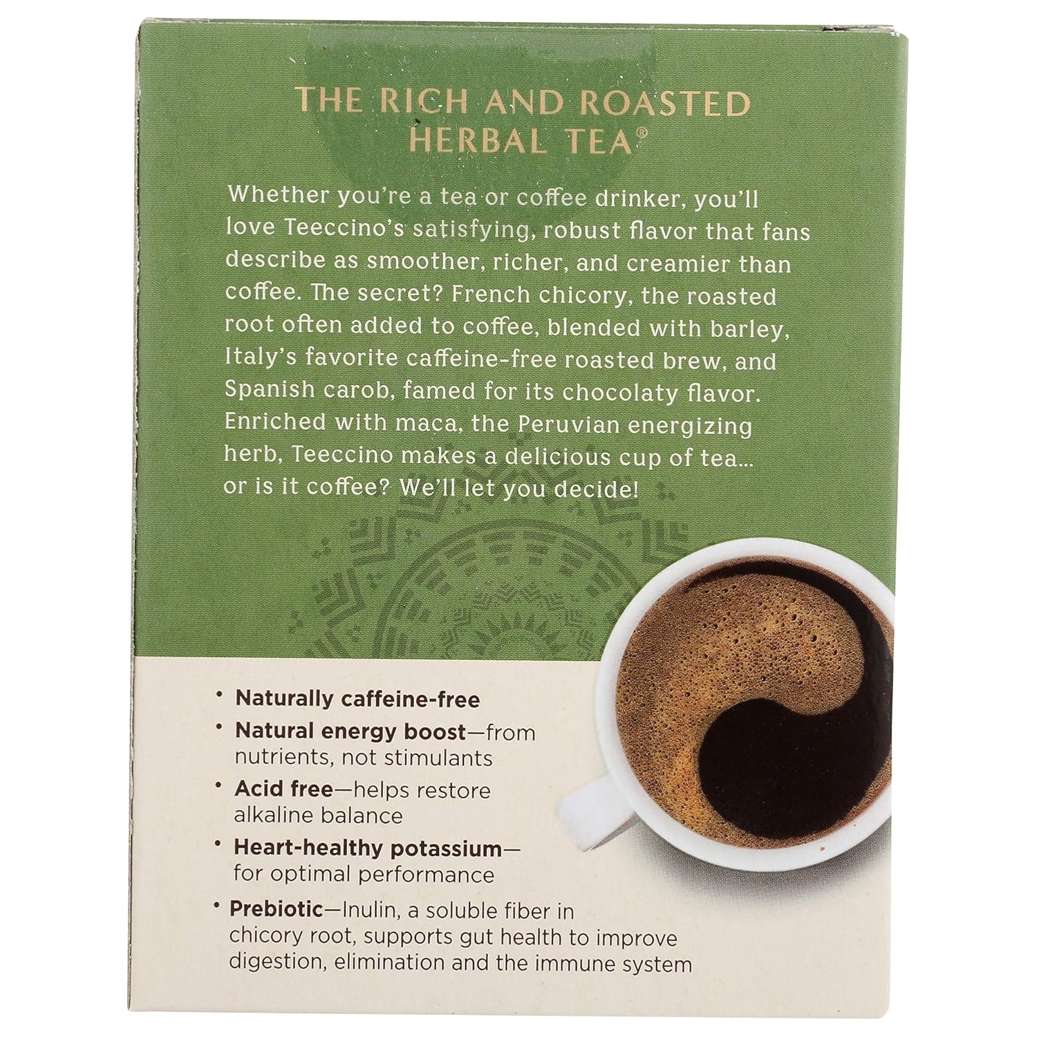 Teeccino Maca Chocolaté Herbal Tea - Rich & Roasted Herbal Tea That’s Caffeine Free & Prebiotic with Natural Energy from Adaptogenic Peruvian Maca, 10 Tea Bags