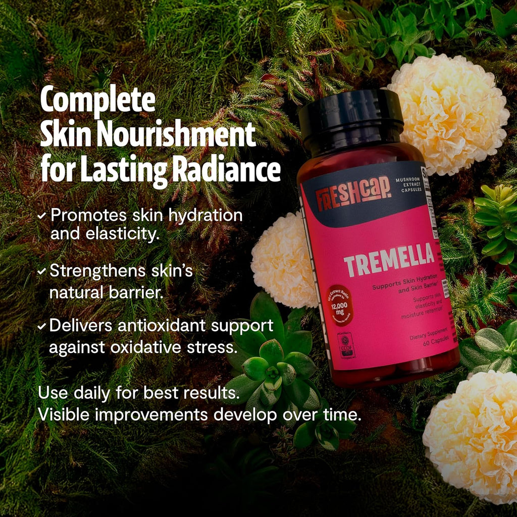 Tremella Mushroom Capsules 12,000 mg – Organic Snow Mushroom for Hair, Skin, and Nails Hydration, Radiance, & Elasticity – Functional Mushroom Supplement, Extract 12:1, 40% Beta Glucans (60 Capsules)