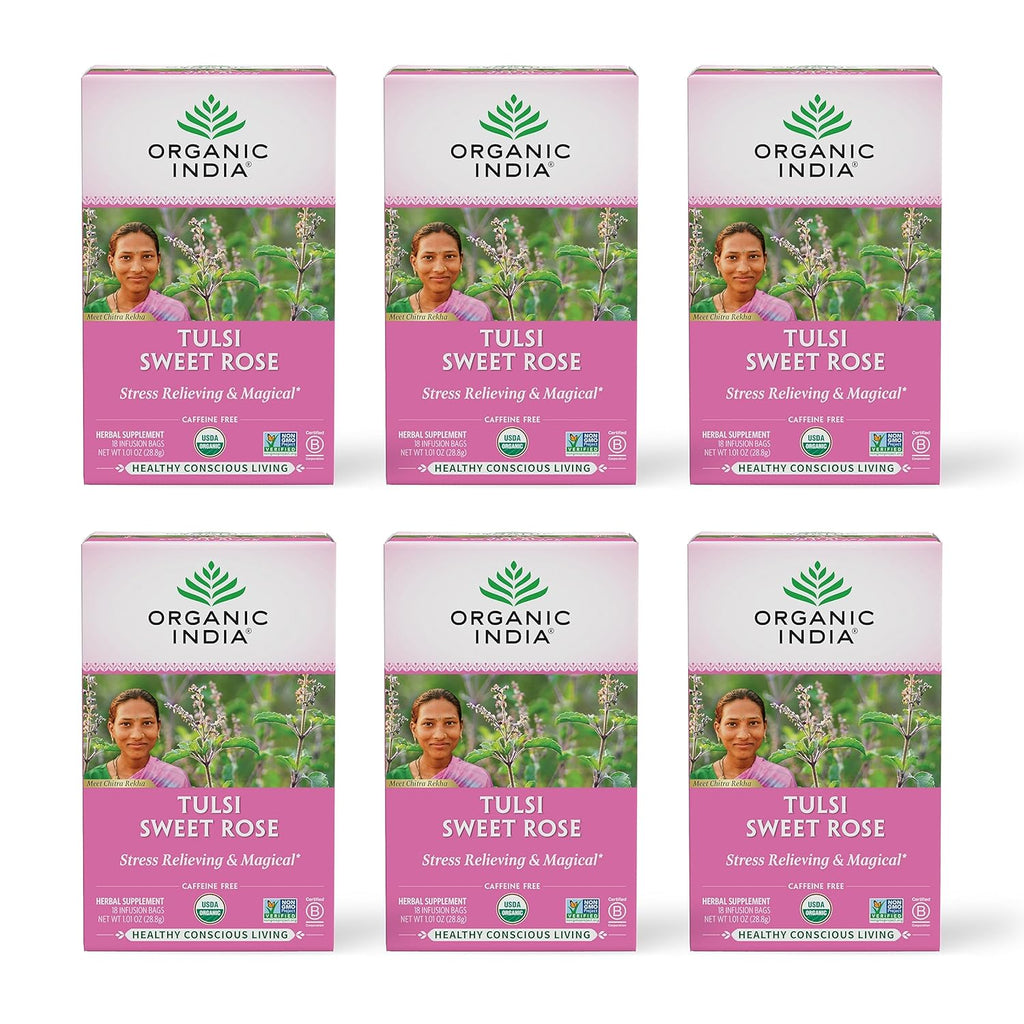 Organic India Tulsi Sweet Rose Herbal Tea - Holy Basil Leaf, African Basil, Chamomilie, Lemon Myrtle, Stress Relieving, Immune Support, USDA Certified Organic, Caffeine-Free - 18 Infusion Bags, 6 Pack
