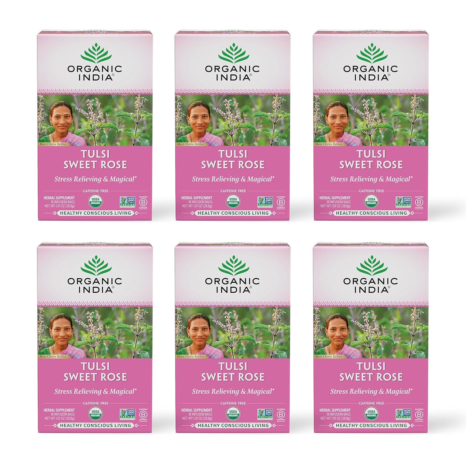 Organic India Tulsi Sweet Rose Herbal Tea - Stress Relieving & Magical, Immune Support, Adaptogen, Vegan, Gluten-Free, USDA Certified Organic, Non-GMO, Caffeine-Free - 18 Infusion Bags, 6 Pack