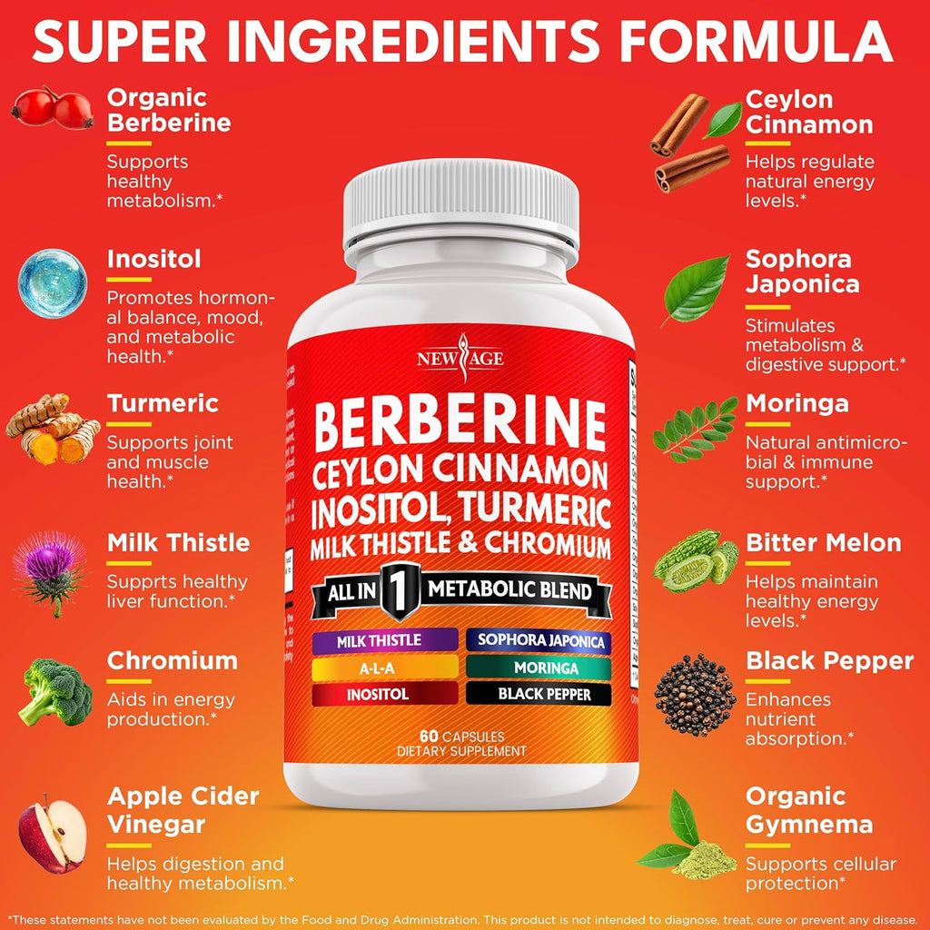 Berberine and Ceylon Cinnamon Supplement - Bitter Melon, Glucomannan, Gymnema Sylvestre, Chromium, Moringa, Milk Thistle, Turmeric, Inositol Pills - 120 Count
