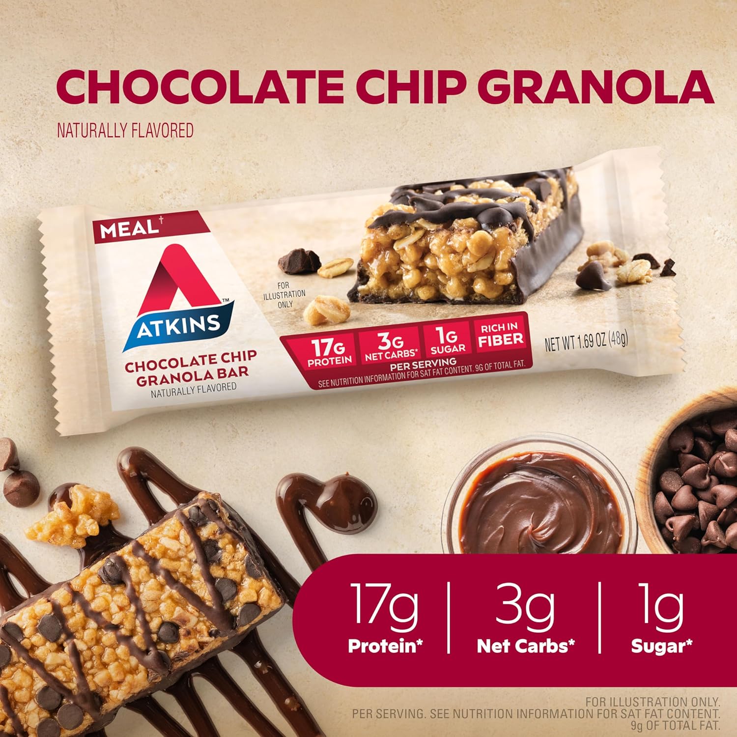 Atkins Chocolate Chip Granola Protein Bar, High Fiber, Low Sugar, 17g Protein, 3g Net Carb, High Protein Bars, Keto Friendly, 12 Count