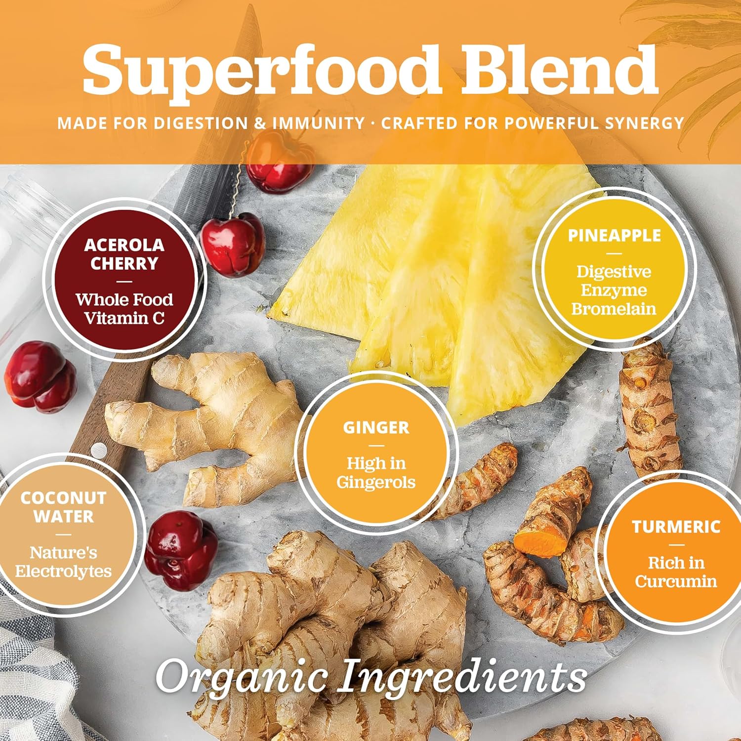 All About Juicing Ginger Shots with Pineapple & Turmeric - Superfood Juice Powder - Immunity, Digestion & Energy Support - 15 Wellness Stick Packs - PuriVibe