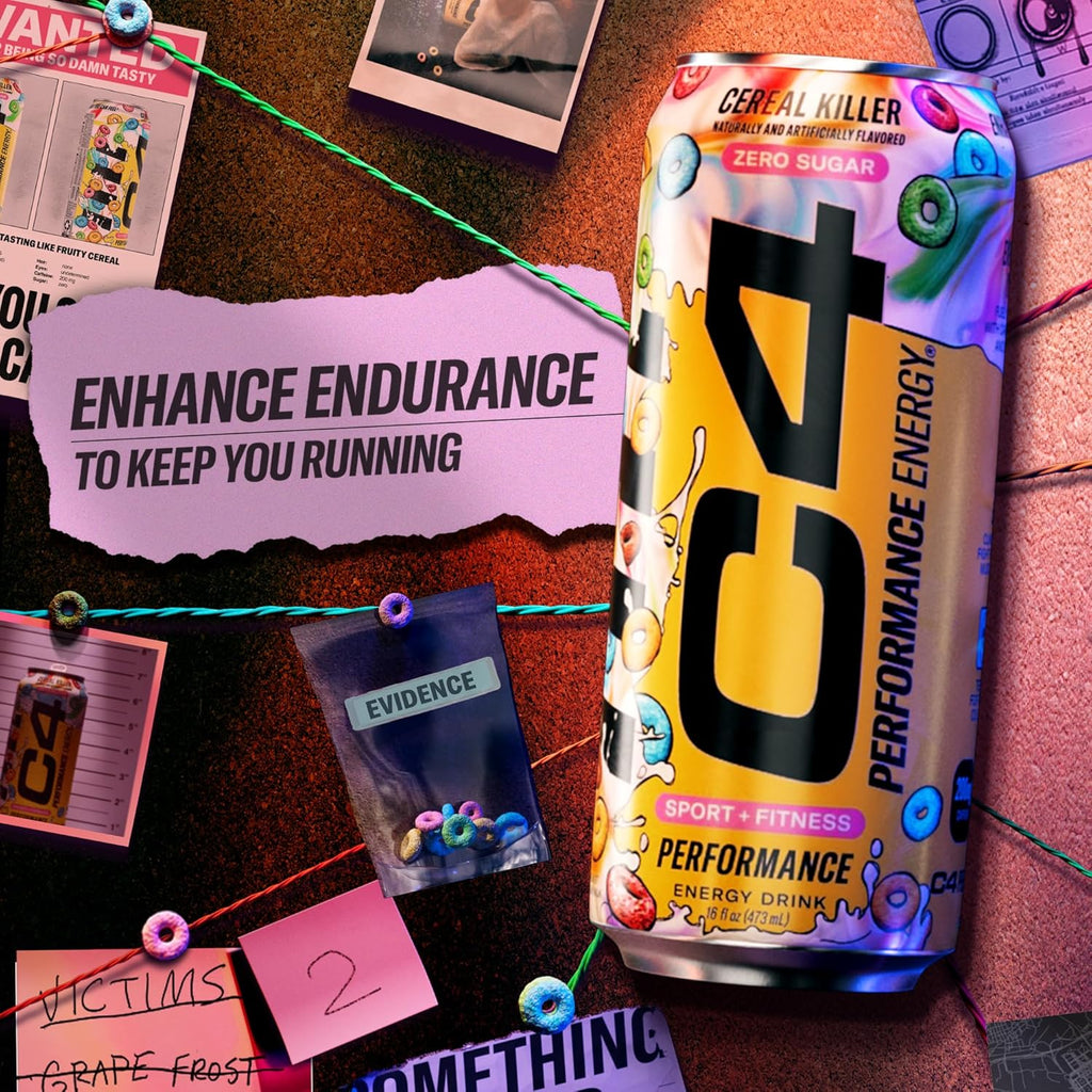 C4 Energy Carbonated Zero Sugar Energy Drink, Pre Workout Drink + Beta Alanine, Cereal Killer, 16 Fl Oz (Pack of 12)