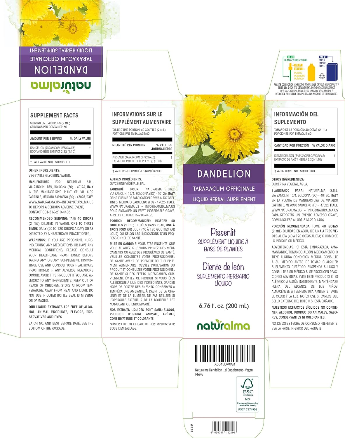 Naturalma Dandelion (Taraxacum officinale) Root and herb Alcohol-Free Tincture - 6.76 fl oz Liquid Extract in Drops - Herbal Supplement - Vegan