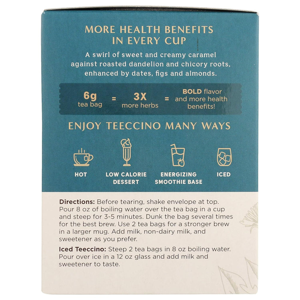 Teeccino Dandelion Caramel Nut Tea - Caffeine Free, Roasted Herbal Tea with Prebiotics, 3x More Herbs than Regular Tea Bags, Gluten Free - 10 Tea Bags (Pack of 4)
