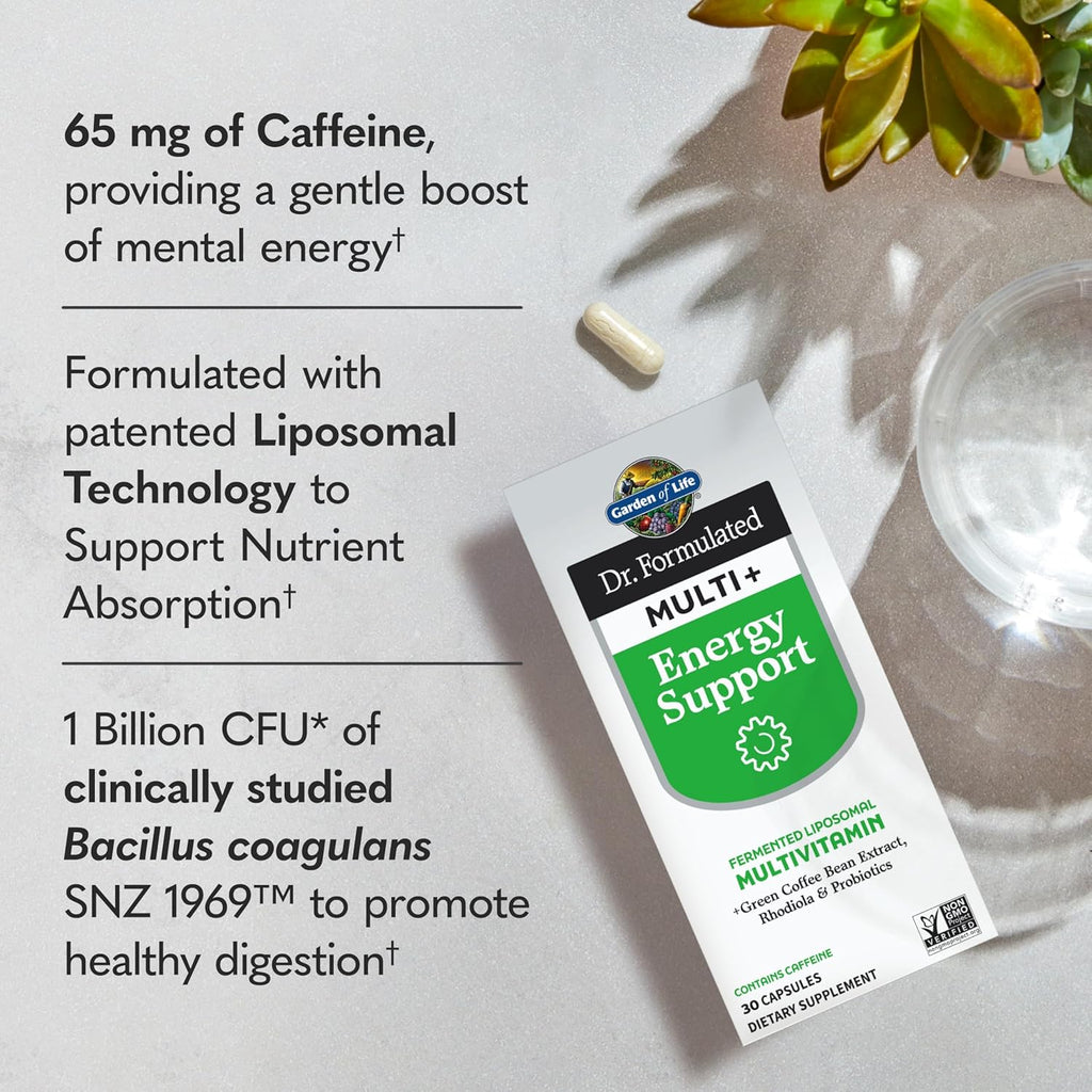 Garden of Life Dr. Formulated Multi+ Energy Support: Fermented Liposomal Multivitamin + Green Coffee Bean Extract, Rhodiola & Probiotics - Boost Energy, Support Digestion & Immune Health, 30 Capsules