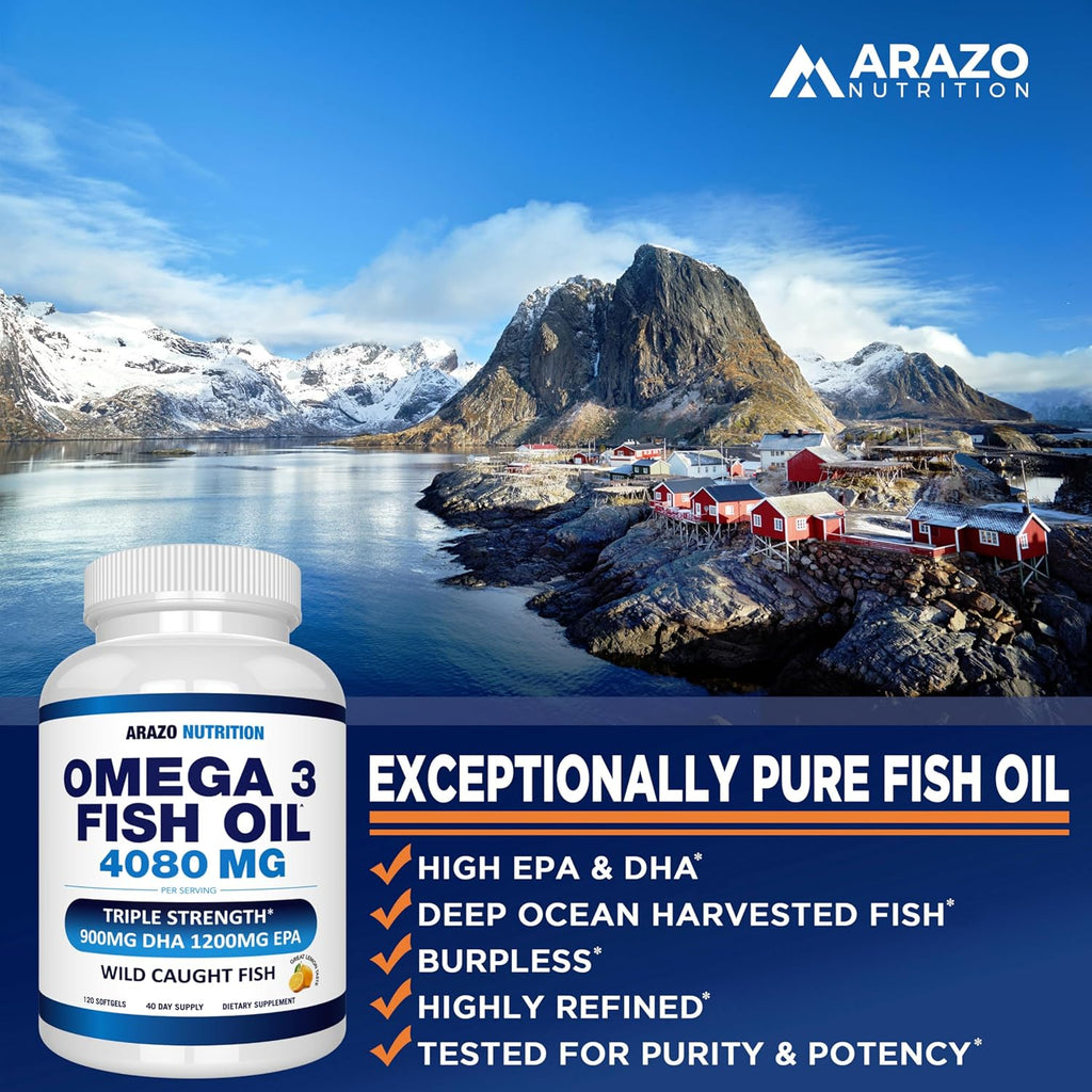 Arazo Nutrition Wild Caught Omega 3 Fish Oil – 120 Soft Gels – 4,080mg High EPA 1200mg DHA 900mg Lemon Flavor Burpless Softgels