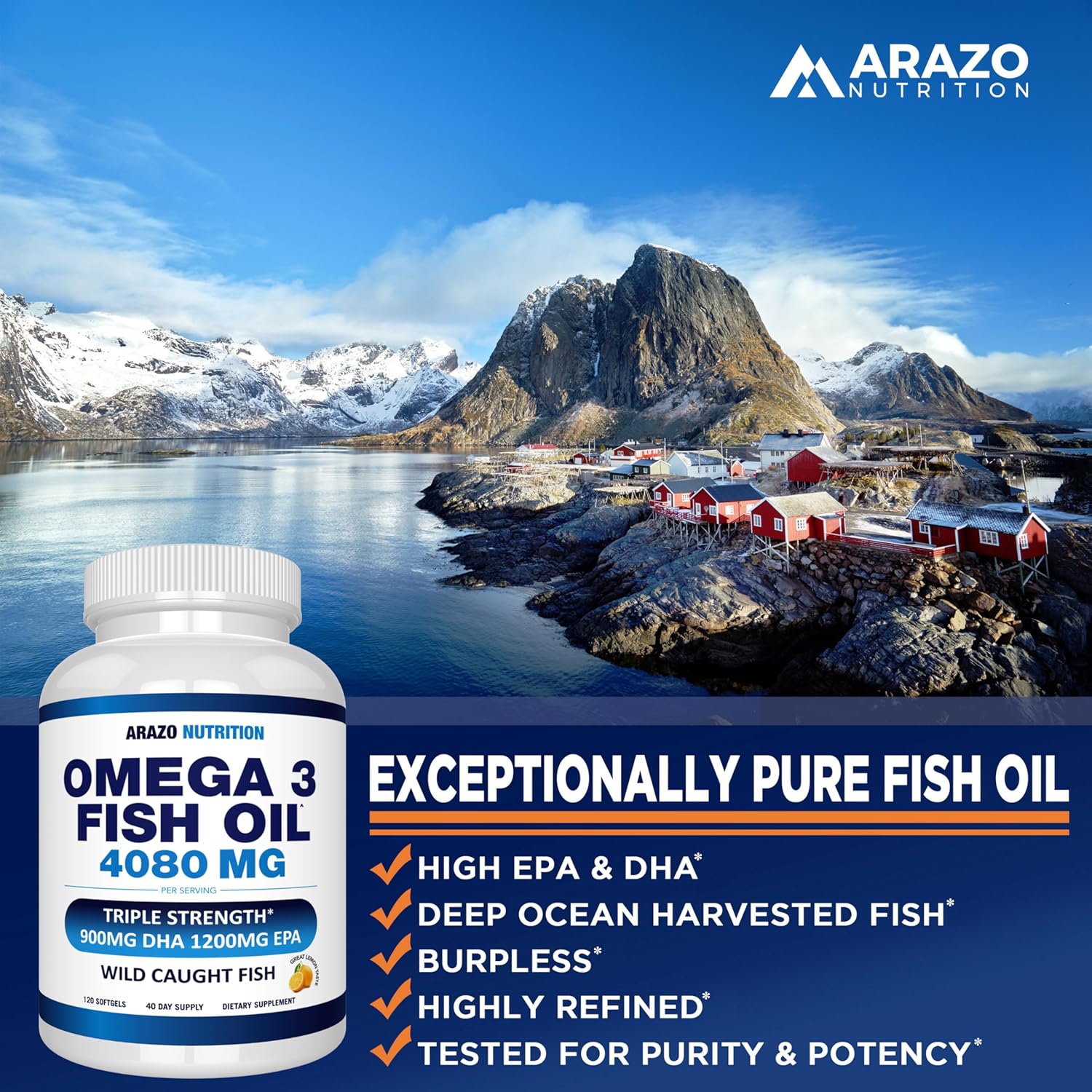 Arazo Nutrition Wild Caught Omega 3 Fish Oil – 120 Soft Gels – 4,080mg High EPA 1200mg DHA 900mg Lemon Flavor Burpless Softgels