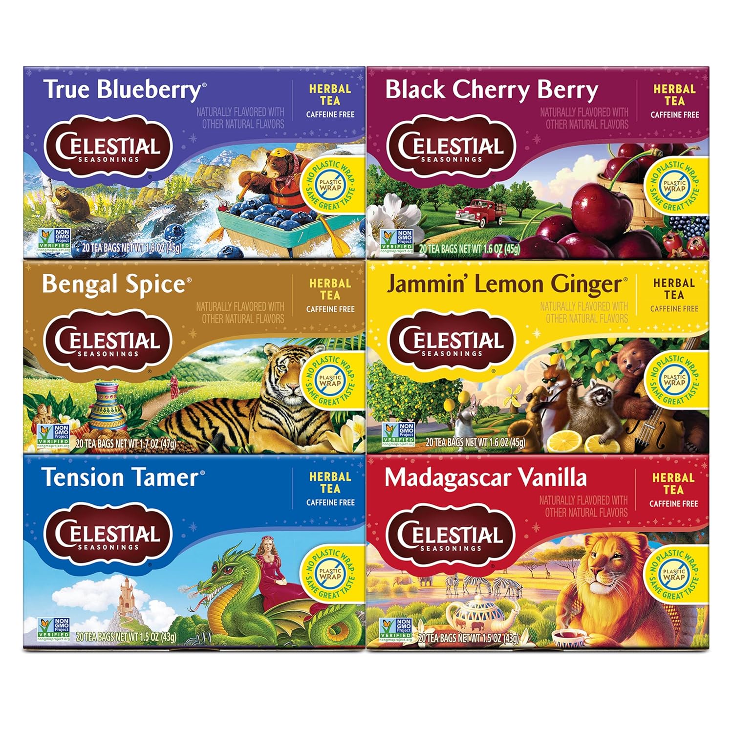 Celestial Seasonings Herbal Tea Variety Pack, Herbal Tea Set with Rooibos, Blueberry, Tension Tamer, Cherry Berry, Bengal Spice, and Lemon Ginger Tea, 20 Caffeine Free Tea Bags Each (Pack of 6)