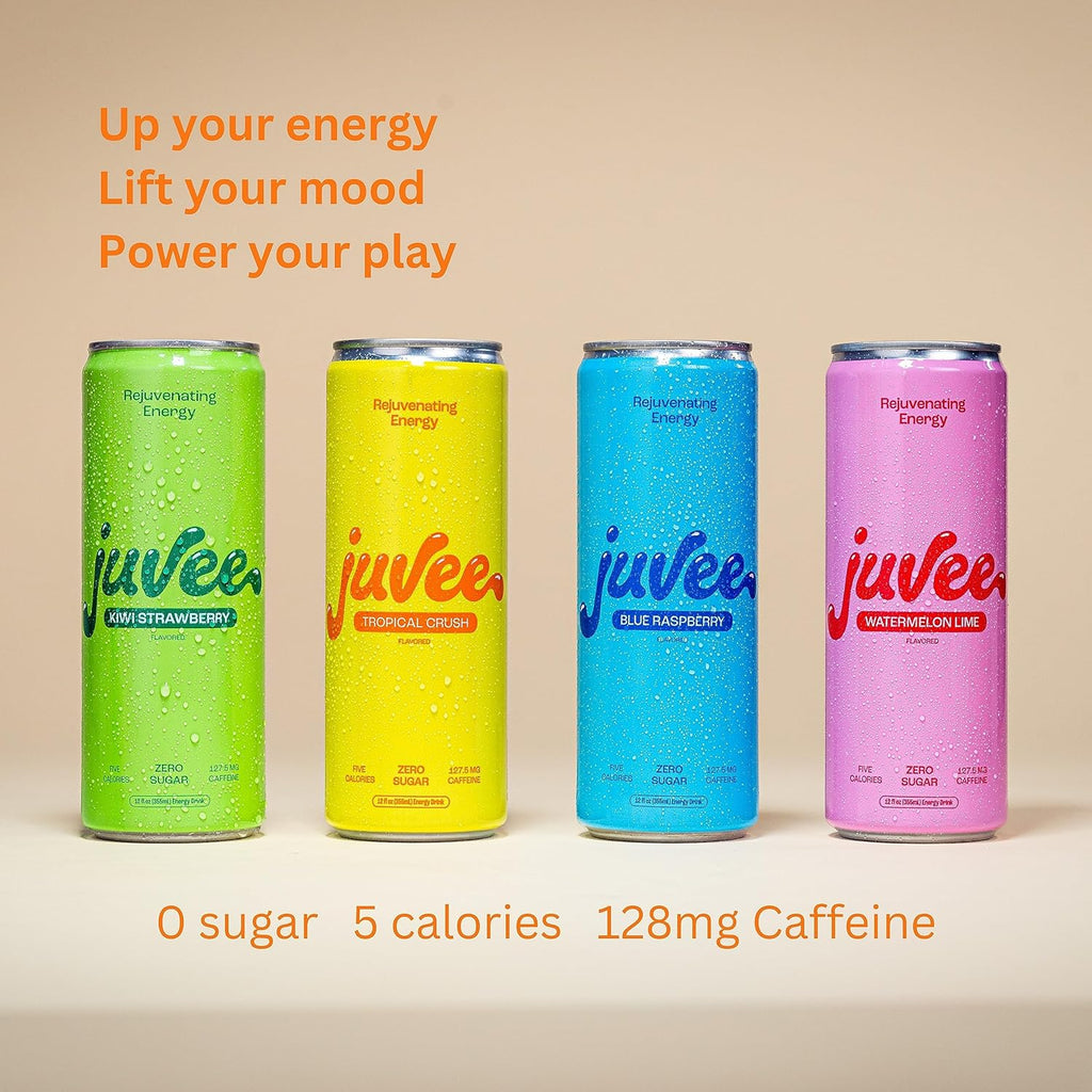 Juvee Rejuvenating Energy Drink. Sugar Free Energy Drinks. Taurine, Vitamin B12, Vitamin B6. 128 Mg Of Caffeine. L-Theanine For Mood Support. Panax Ginseng For Focus. Vitamin C For Immune Support. Gluten Free 12 oz - 12 Pack - Variety Pack