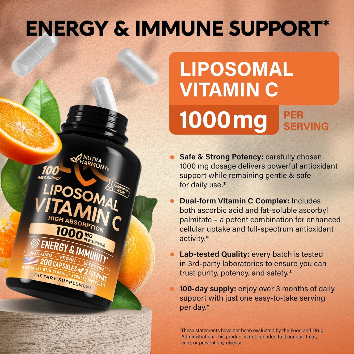 Liposomal Vitamin C 1000mg - High Absorption & Gentle On Stomach - Antioxidant, Energy Boost & Immune Support - Vitamin C Supplement - NON-GMO & SOY-Free - Made in USA - 200 Capsules, 100 Day Supply