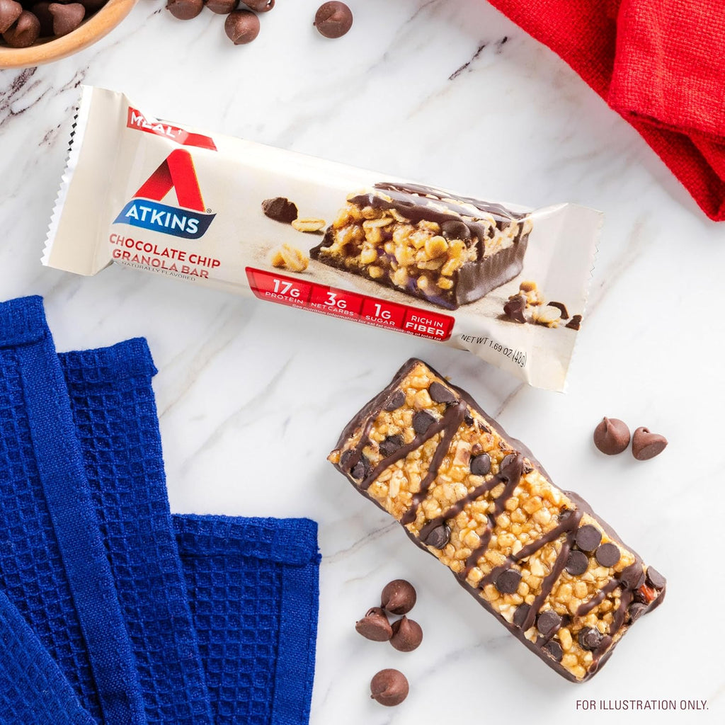 Atkins Chocolate Chip Granola Protein Bar, High Fiber, Low Sugar, 17g Protein, 3g Net Carb, High Protein Bars, Keto Friendly, 12 Count