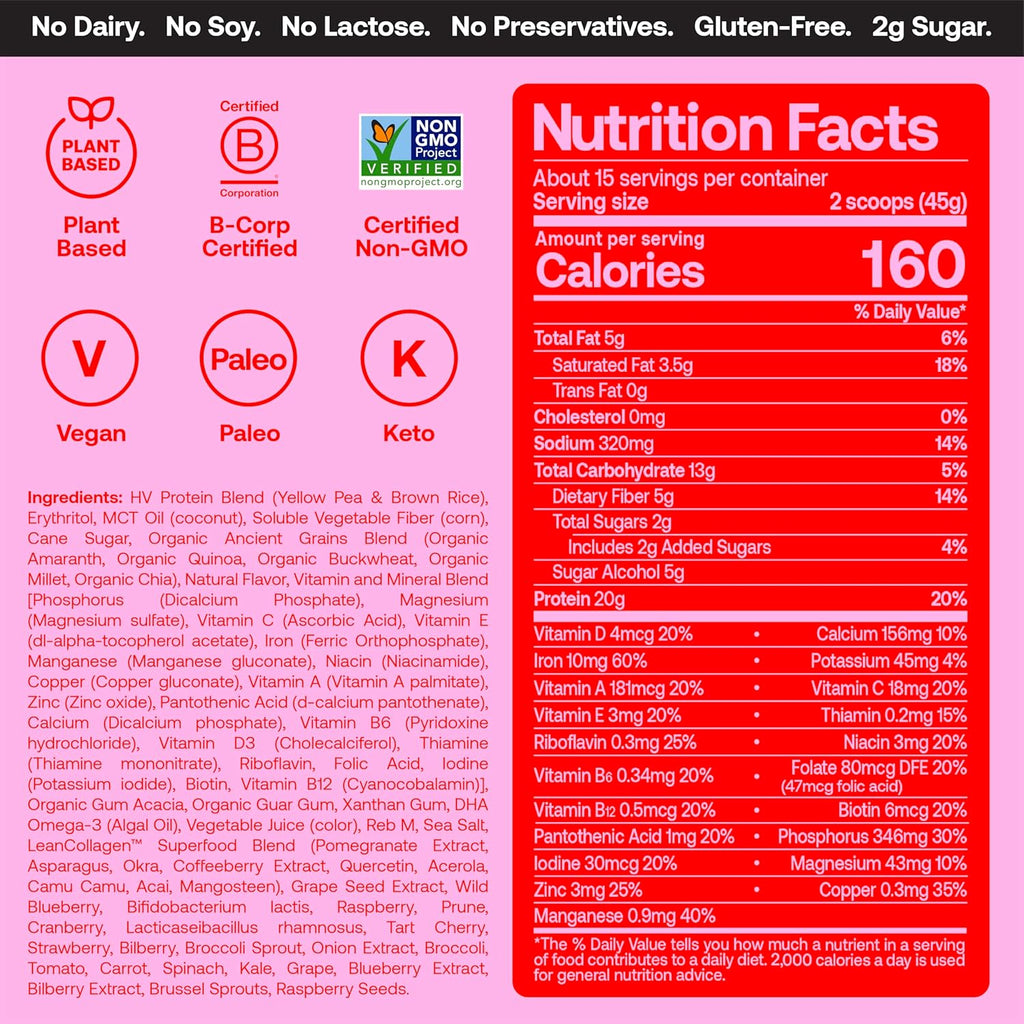Happy Viking Strawberry Protein + Superfoods Powder, Created by Venus Williams, 20G Protein, Low Carb, Keto, Vegan, Gluten-Free, Non-GMO, Superfoods, Complete Meal Replacement, 1 Canister (24 oz.)