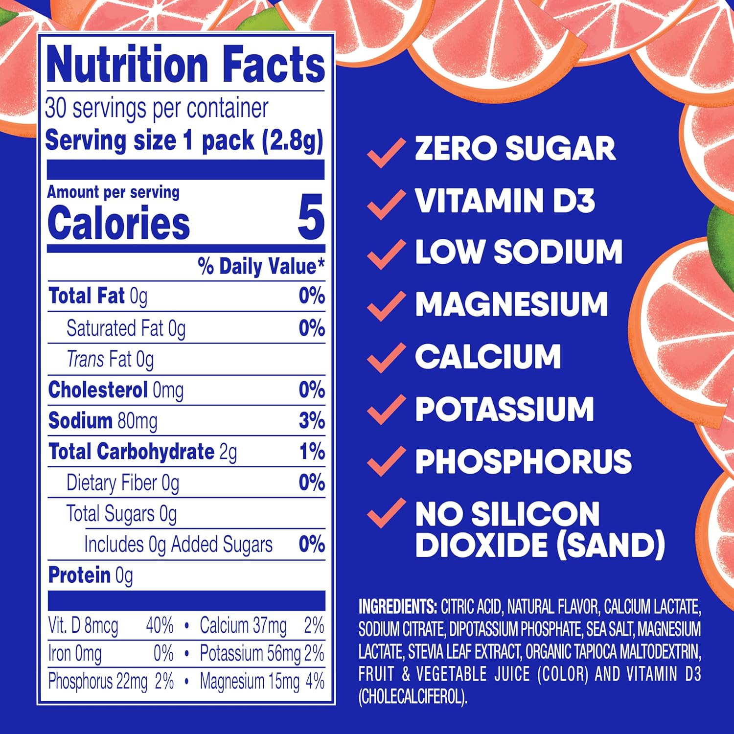 GoHydrate Low Sodium Electrolytes Powder Packets Sugar Free - Instant Hydration Daily Drink Mix - Zero Sugar Water Flavor Packet Singles with Vitamin D - (Grapefruit, 30 Packs)