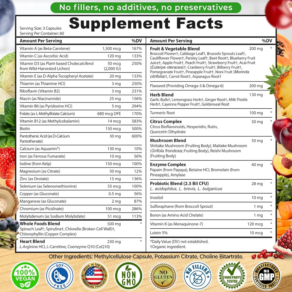 Vegan Whole Food Daily Multivitamin with Iron, Methylated Multivitamin for Women and Men, Made with Fruits & Vegetables, B-Complex, Probiotics, Enzymes, CoQ10, Omegas, Turmeric, Non-GMO, 180 Count