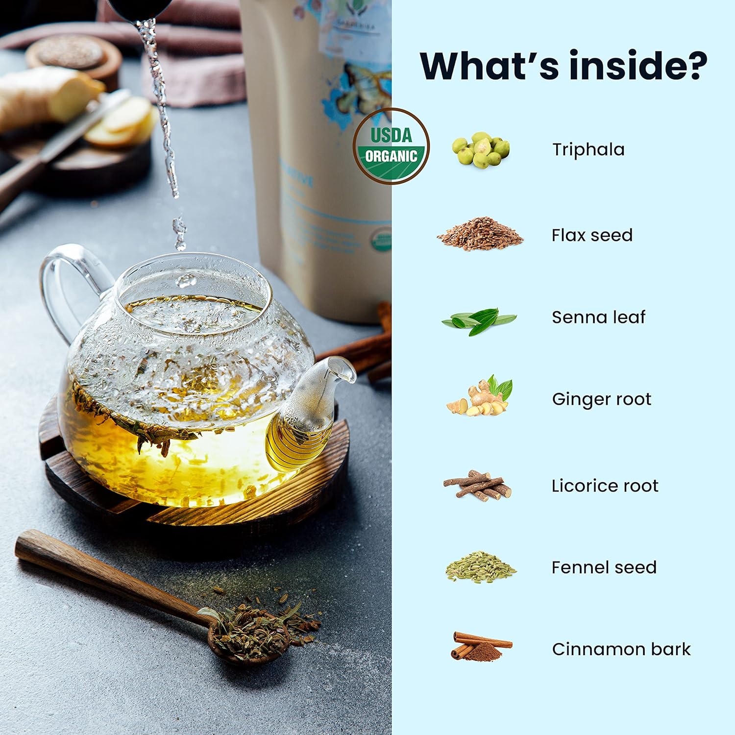 Gardenika Organic Laxative Loose Tea, Herbal, Caffeine-Free, KSA Kosher, Ayurvedic with Fennel, Ginger, Senna, Cinnamon - 4oz (1 Pack)