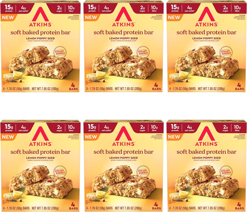 Atkins Soft Baked Protein Bars, Lemon Poppyseed, 15g Protein, 2g Sugar, Excellent Source of Fiber, Low Carb, 6 Packs (4 Bars Each)