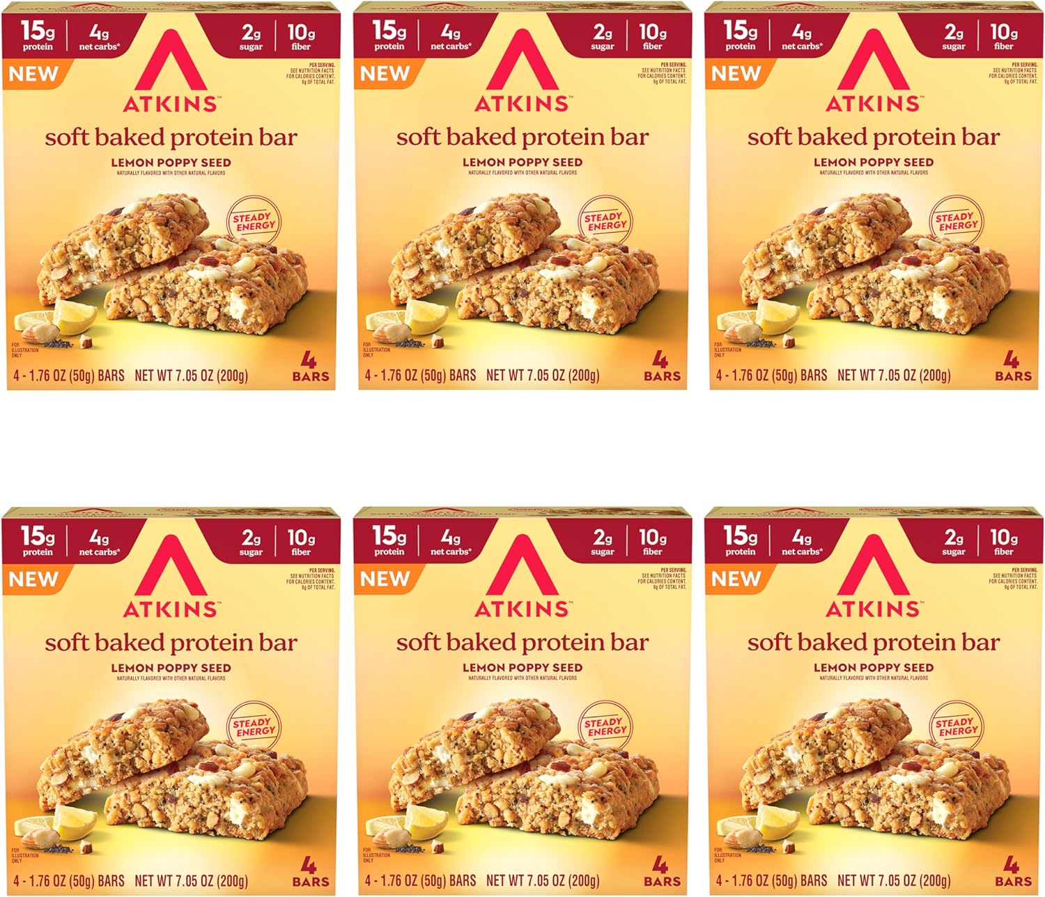 Atkins Soft Baked Protein Bars, Lemon Poppyseed, 15g Protein, 2g Sugar, Excellent Source of Fiber, Low Carb, 6 Packs (4 Bars Each)