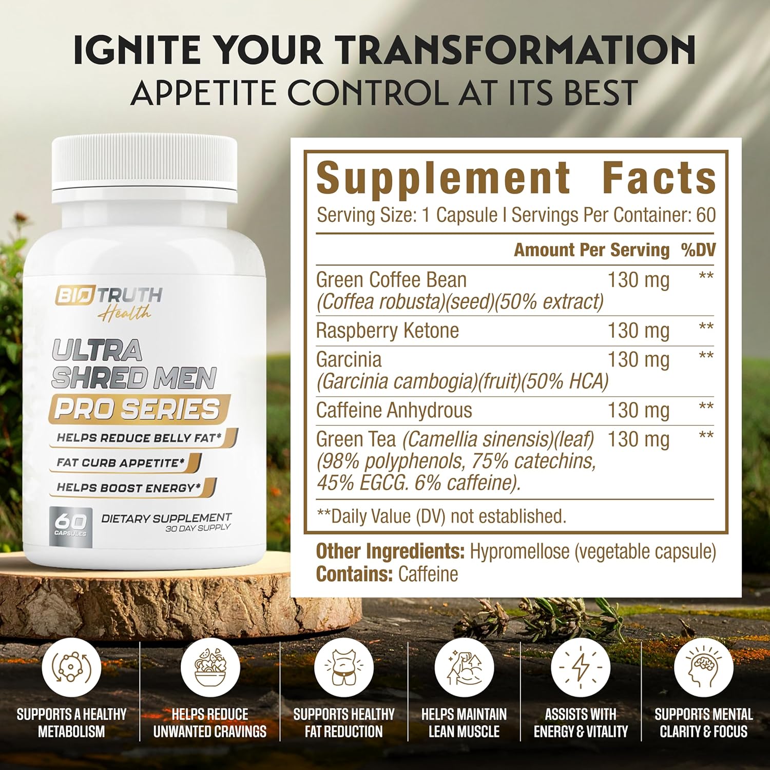 Ultra Shred Men | PRO Series | Fat Burner for Men to Sustain Muscle & Lose Weight - Boost Metabolism, Appetite Suppressant | 5 Research Backed Ingredients | 3rd Party Tested Supplement - 60 Capsules
