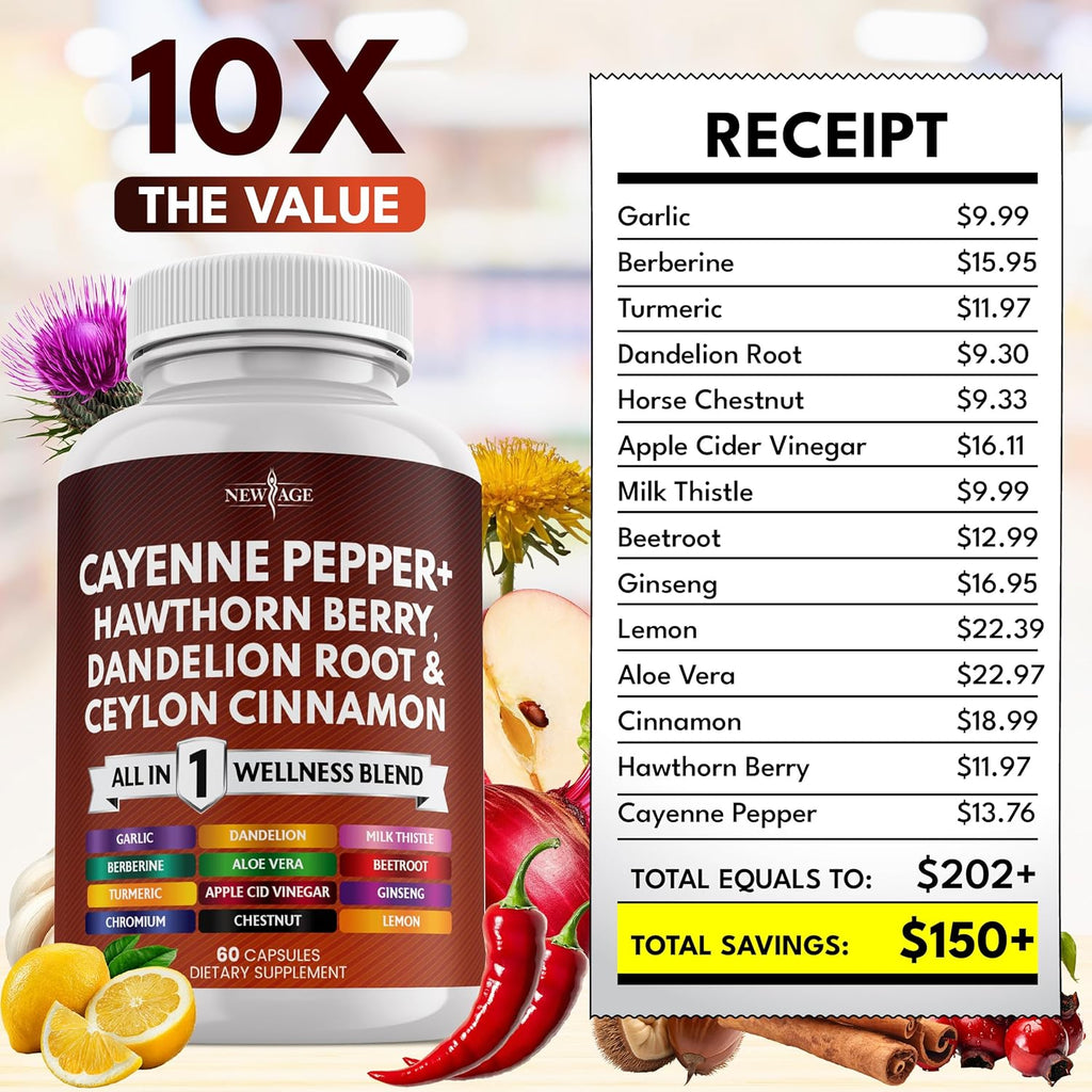 Cayenne Pepper Capsules Supplement with Hawthorn Berry, Dandelion Root, Ceylon Cinnamon, Garlic, Ginger, ACV, Milk Thistle, Beet Root, Aloe Vera - 120 Count