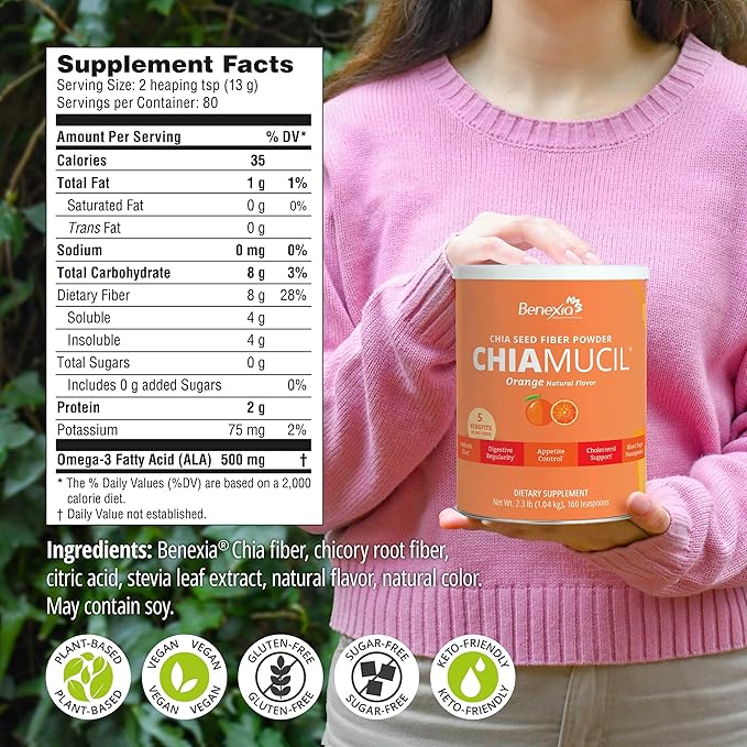 Chiamucil Prebiotic Fiber Supplement Powder – Chia Fiber & Chicory Root (Inulin) for Digestive Health & Appetite Control – Gluten & Sugar Free, Vegan, Non-GMO, Orange - 80 Servings