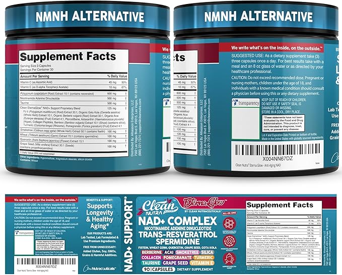 Clean NAD Supplement Resveratrol Liposomal NAD+ Spermidine Fisetin Wheat Germ Quercetin Grape Seed Extract Gotu Kola Berberine Astaxanthin Peptides for Women Energy 90 Capsules