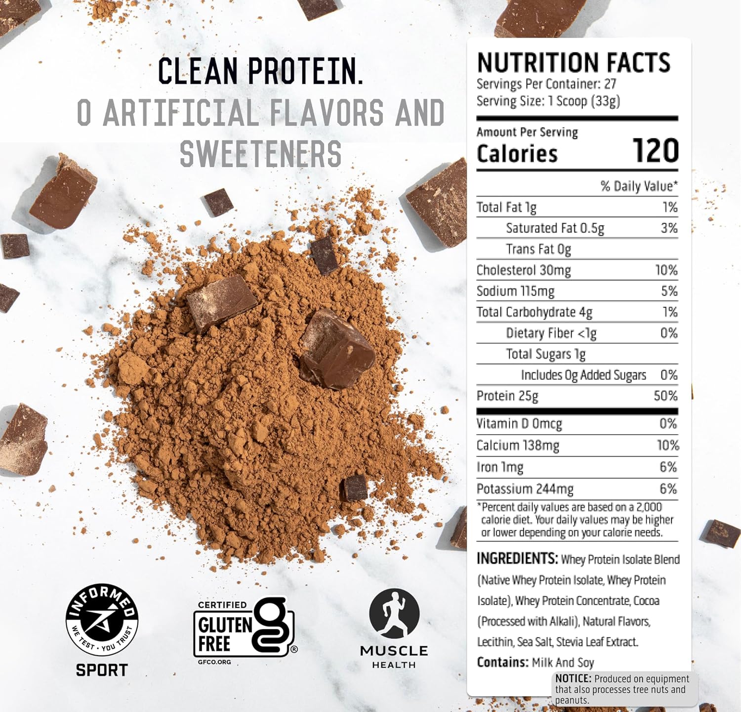 Ascent 100% Whey Protein Powder - Post Workout Whey Protein Isolate, Zero Artificial Flavors & Sweeteners, Gluten Free, 5.5g BCAA, 2.6g Leucine, Essential Amino Acids, Chocolate 2 lb