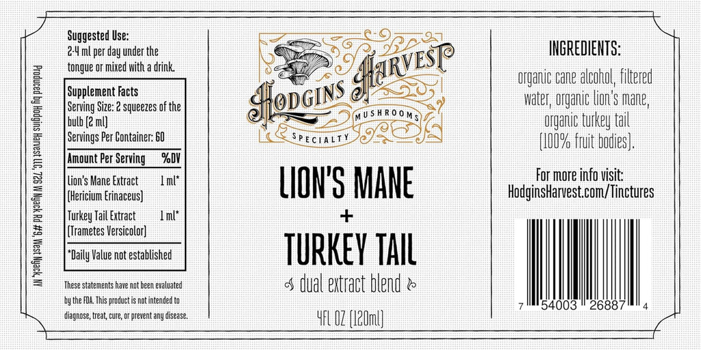 Organic Lion’s Mane + Turkey Tail Tincture | Made with Mushrooms Grown On Our Farm in The USA | Dual Extract | Extra-Concentrated (4 fl oz)