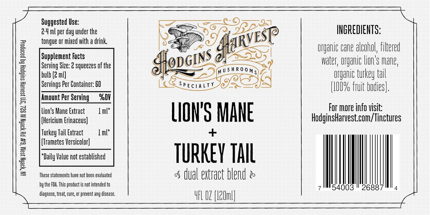 Organic Lion’s Mane + Turkey Tail Tincture | Made with Mushrooms Grown On Our Farm in The USA | Dual Extract | Extra-Concentrated (4 fl oz)