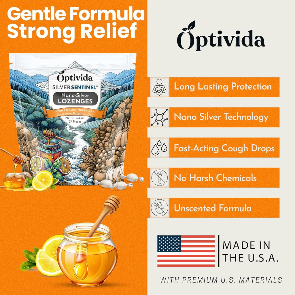 Optivida Health Colloidal Silver Lozenges with Honey & Lemon Oil (2 Pack) - Soothing Sore Throat Lozenges for Adults with Cough Relief & Fast-Acting Nano Silver Formula for Immune Support, 60 Ppm