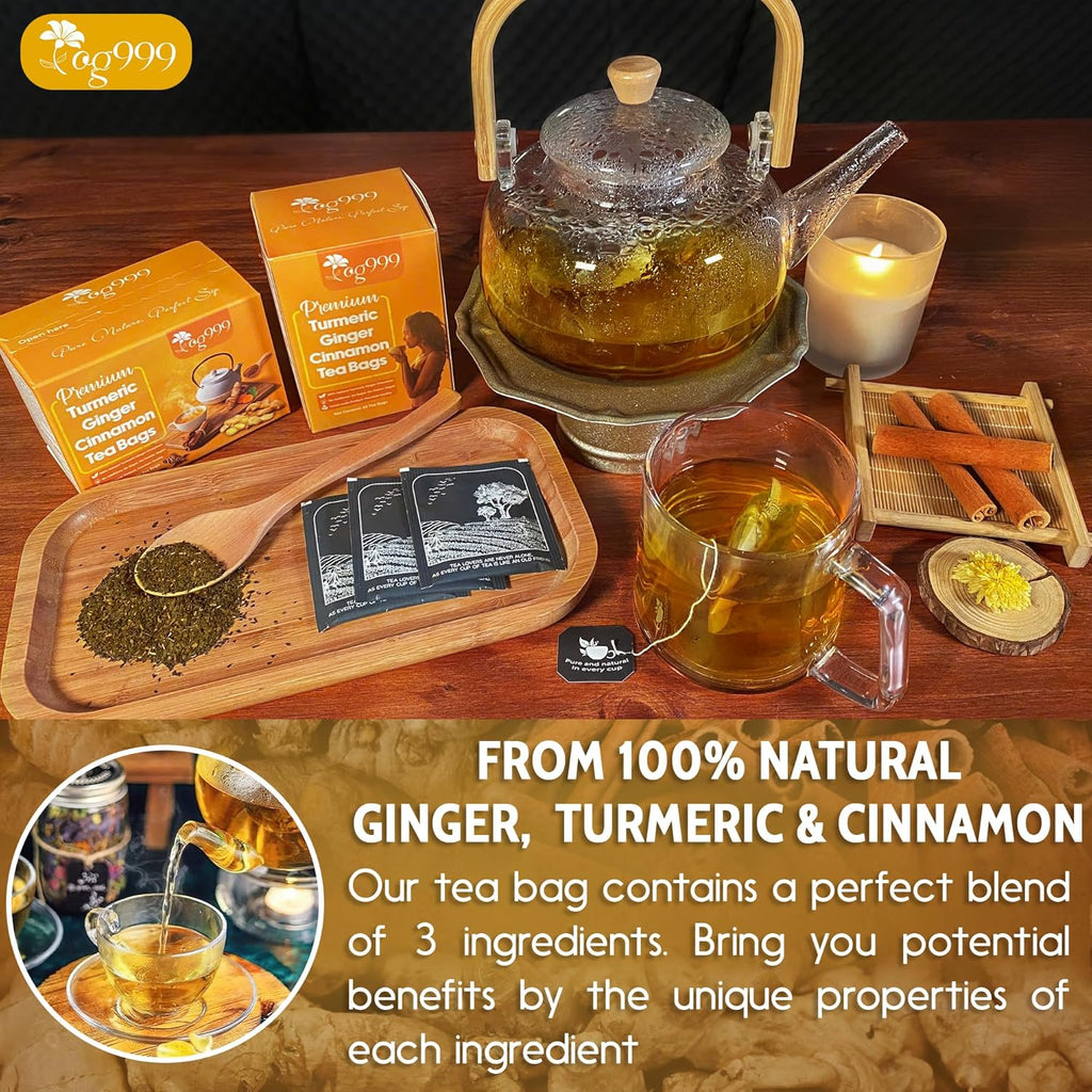 TOG999, 15 Turmeric, Ginger, Cinnamon Tea Bags, 100% Natural, Hand-made Blend of Turmeric, Ginger, and Cinnamon. Eco-conscious Tea Bags. No Sugar, No Caffeine, No Gluten, Vegan.