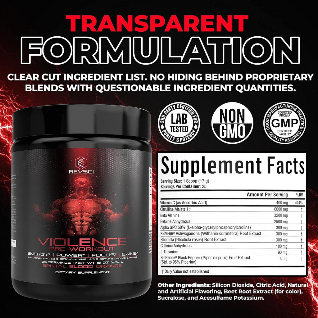 Violence Pre Workout Powder for Men & Women, Clinically Dosed Preworkout, 180 mg Caffeine + L-Theanine, L Citrulline Malate, Beta Alanine, Alpha GPC - 25 Servings, Blood Orange - Energy, Focus & Pump