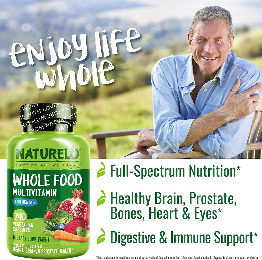 NATURELO Whole Food Multivitamin for Men 50+ - with Vitamins, Minerals, Organic Herbal Extracts - Vegan Vegetarian - for Energy, Brain, Heart and Eye Health - 240 Capsules