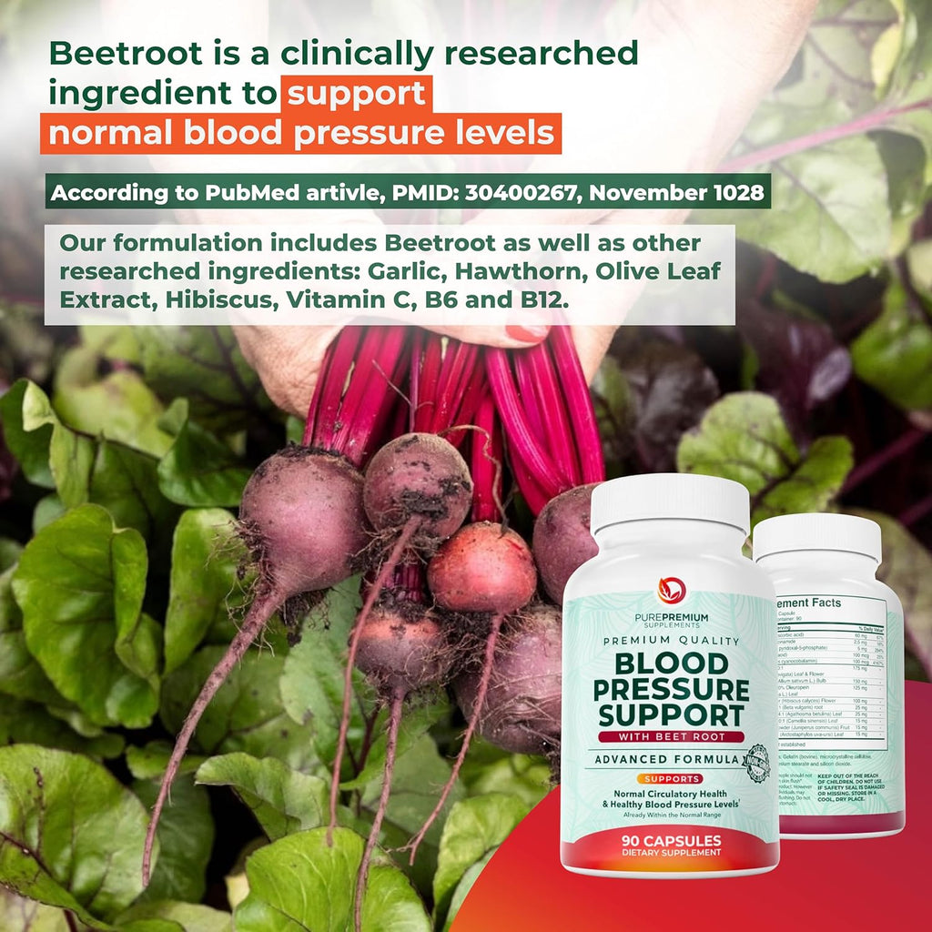PurePremium Beet Root Capsules for Blood Pressure Support – 700mg Advanced Formula with Beetroot Powder, Hawthorn, Hibiscus & Garlic for Normal Nitric Oxide Production & Heart Health – Non-GMO - 90ct
