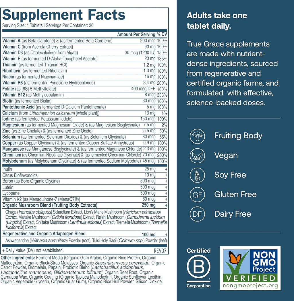 True Grace Men's 40+ One Daily Multivitamin Fermented Minerals, Organic Adaptogens & Mushrooms Whole Body Balance Immune, Endurance, Bone & Heart Support Supplement - Non-GMO - 30 Vegan Tablets