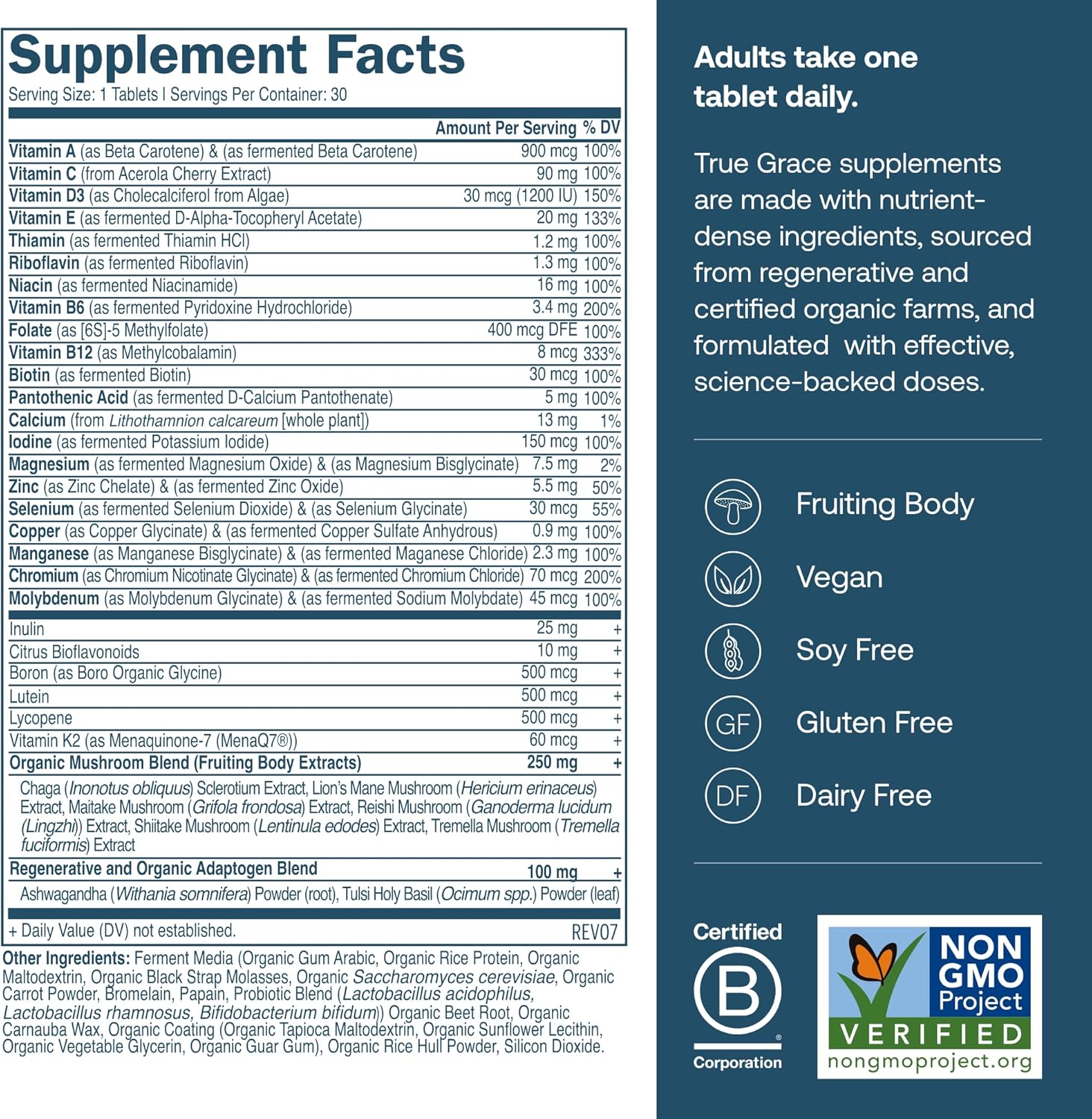 True Grace Men's 40+ One Daily Multivitamin Fermented Minerals, Organic Adaptogens & Mushrooms Whole Body Balance Immune, Endurance, Bone & Heart Support Supplement - Non-GMO - 30 Vegan Tablets