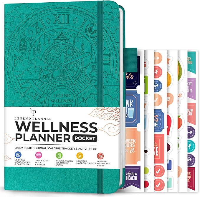 Legend Wellness Planner & Food Journal Pocket – Daily Diet & Health Journal with Weight Loss, Measurement & Exercise Trackers – Lifestyle & Nutrition Diary – Lasts 6 Months, 3.9x6.3″ – Turquoise