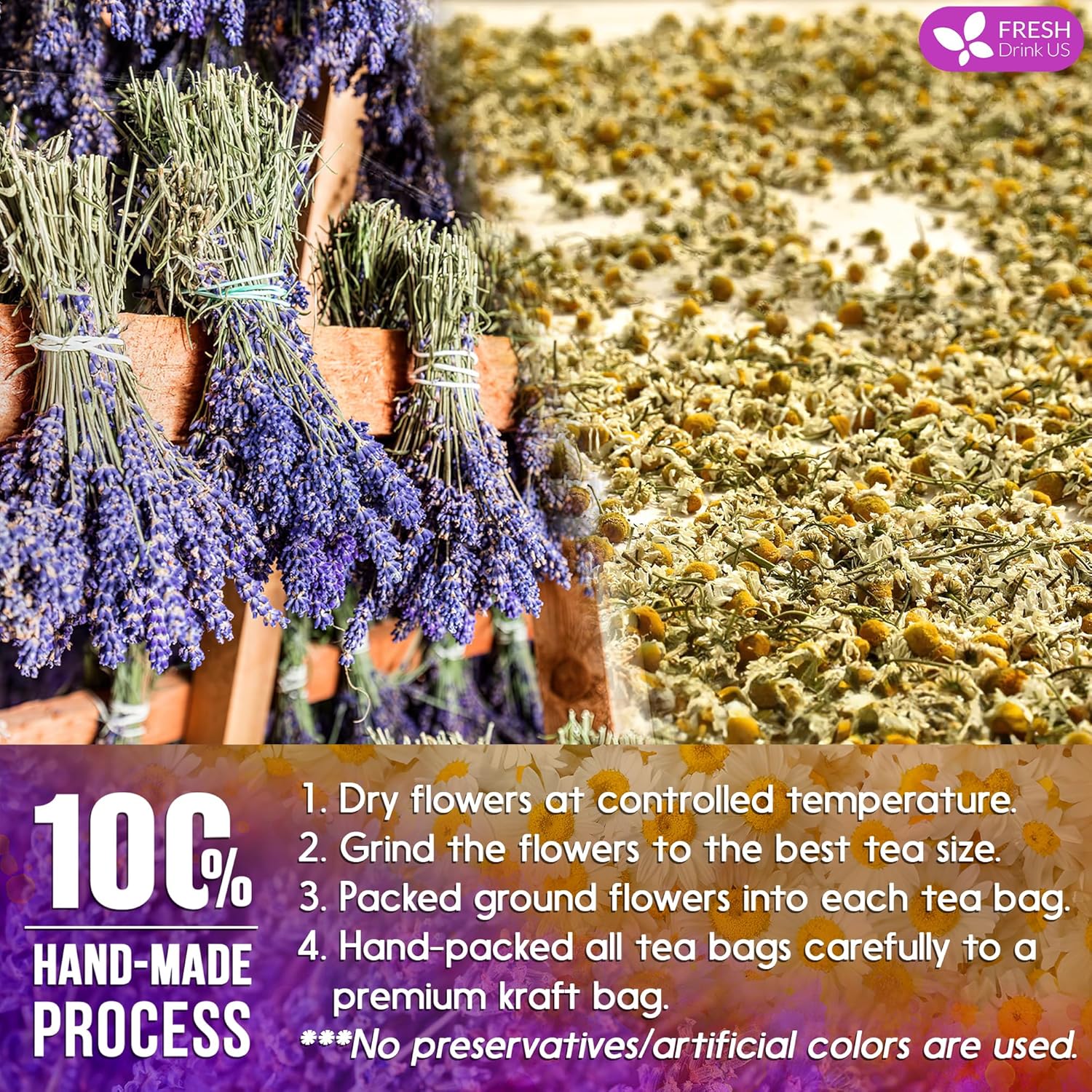 FreshDrinkUS, Premium 60 Chamomile Lavender Tea Bags, Calming Herbal Blend Strong Support for Relaxation & Better Sleep | Naturally Caffeine-Free Bedtime Tea with Soothing Floral Aroma, 100% Natural, Hand-made No Sugar/ Caffeine/ Gluten, Vegan
