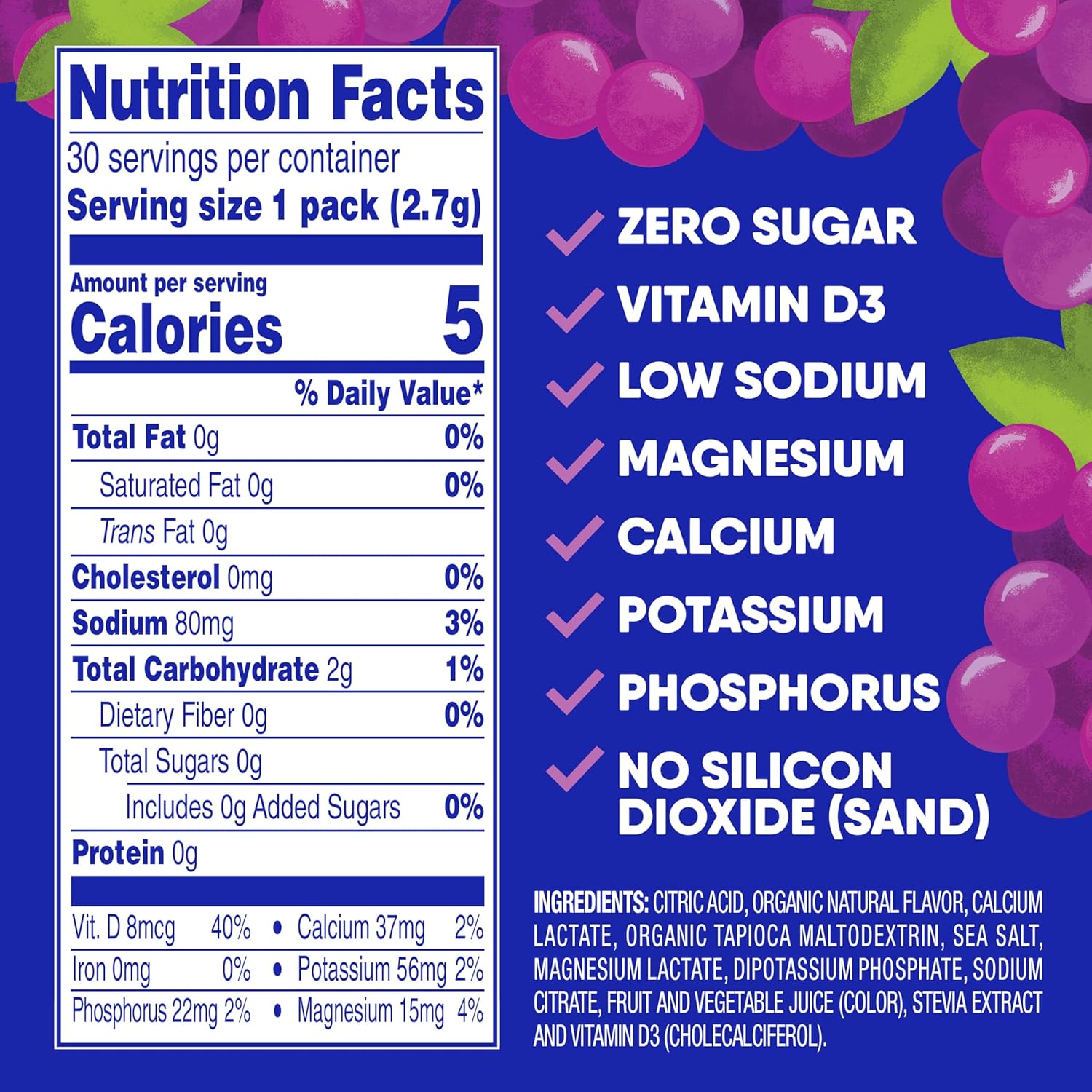 GoHydrate Instant Hydration Powder Packets - Low Sodium Electrolytes Drink Mix - Natural Hydration Support, Sugar Free Electrolyte Flavored Powder Drink with Vitamin D, 30 Packs, Grape