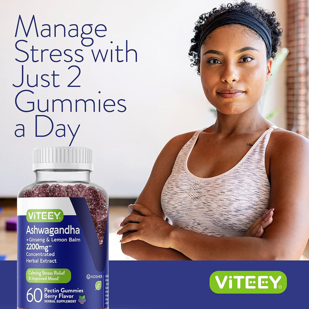 Viteey Ashwagandha Gummies with Ginseng & Lemon Balm - Mood, Calm & Stress Support Ashwagandha Supplements - Vegan, Gluten-Free - 60 Count