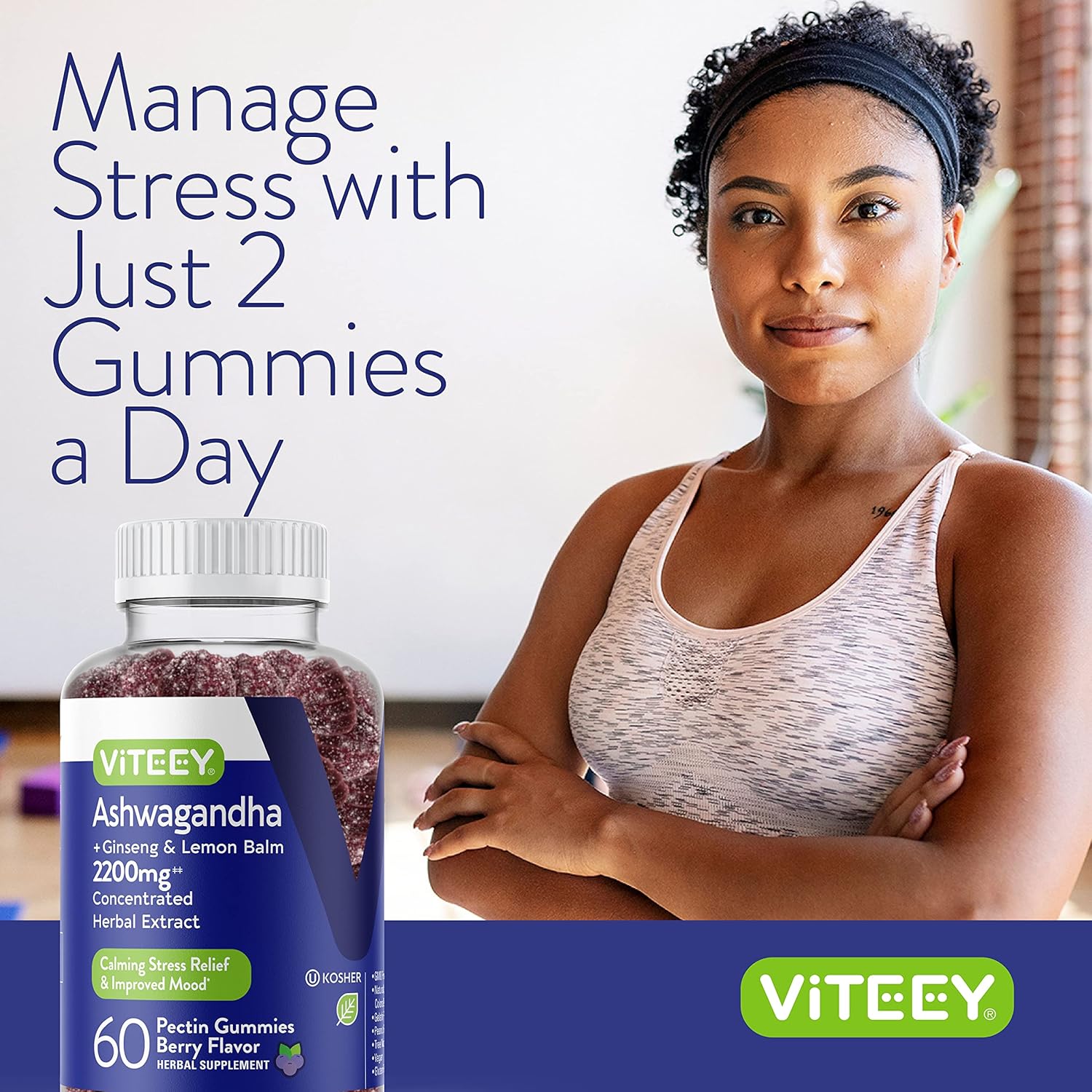 Viteey Ashwagandha Gummies with Ginseng & Lemon Balm - Mood, Calm & Stress Support Ashwagandha Supplements - Vegan, Gluten-Free - 60 Count