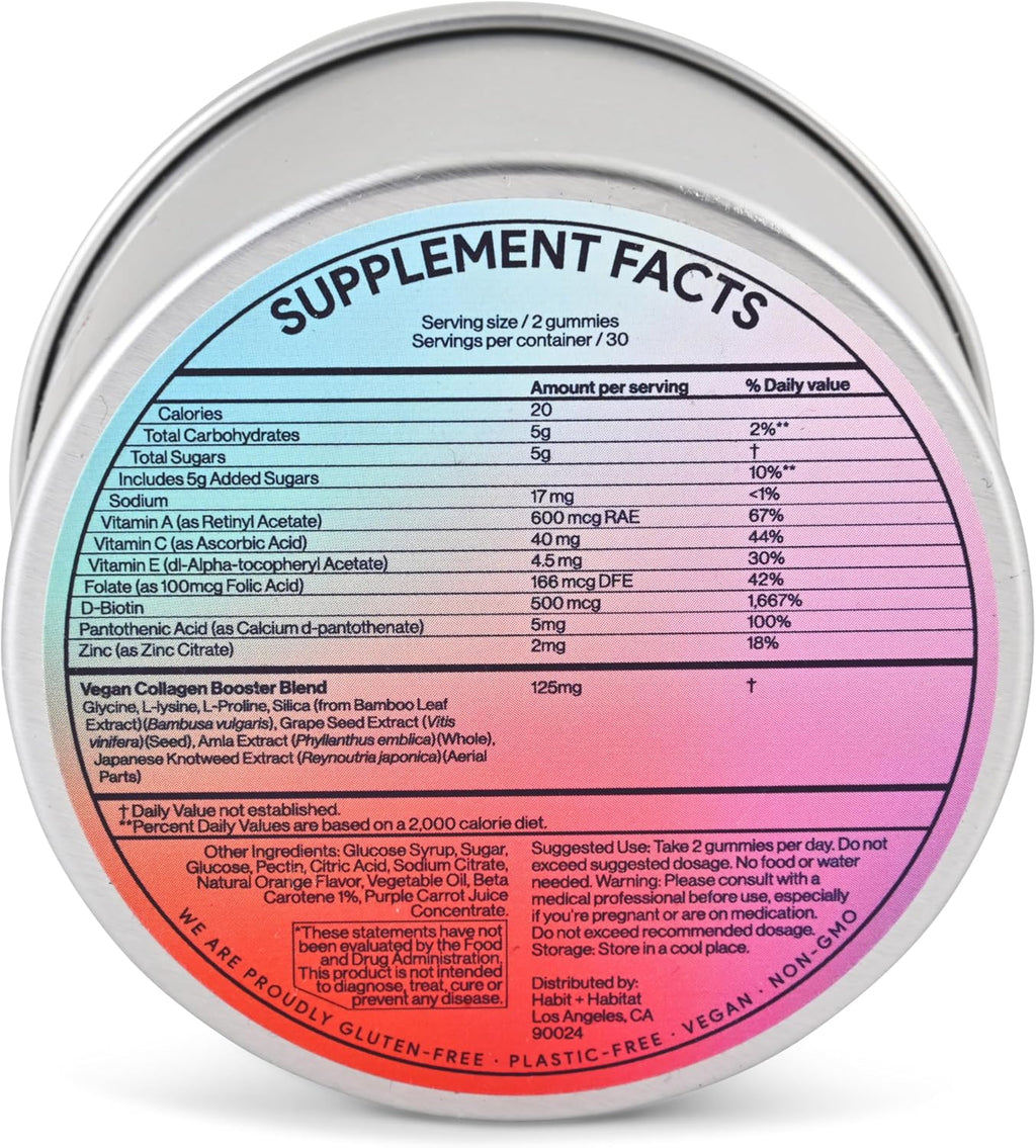Vegan Beauty Support Gummies Collagen Booster with Biotin, Vitamin C, A, E, Folic Acid, and More - 60 Gummies - Plastic-Free Tin - Made with Natural Ingredients