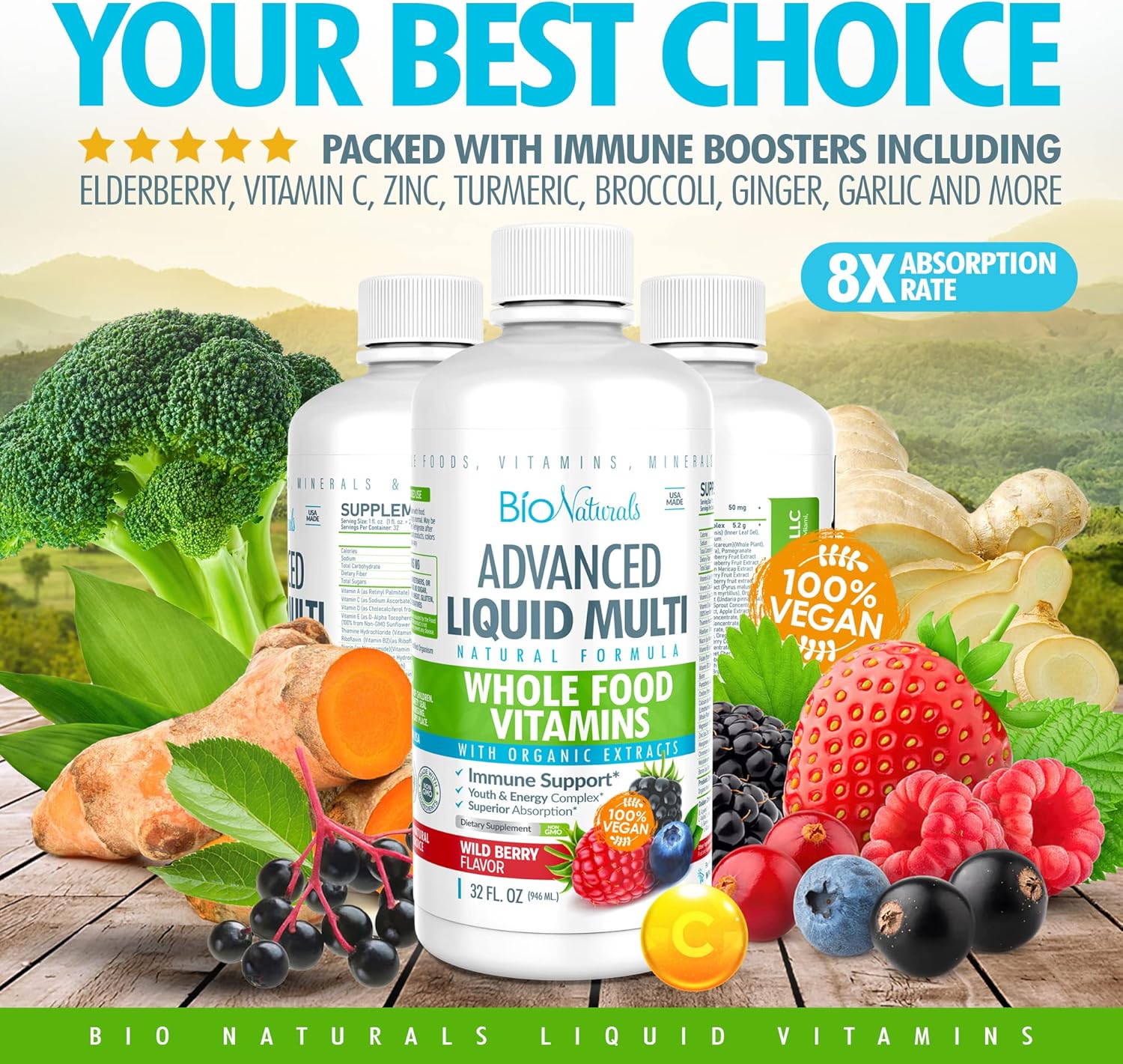 Bio Naturals Liquid Whole Food Multivitamin for Men & Women with Over 100 Ingredients - Superfoods, Omegas, Organic Extracts - 100% Vegan - 32 oz