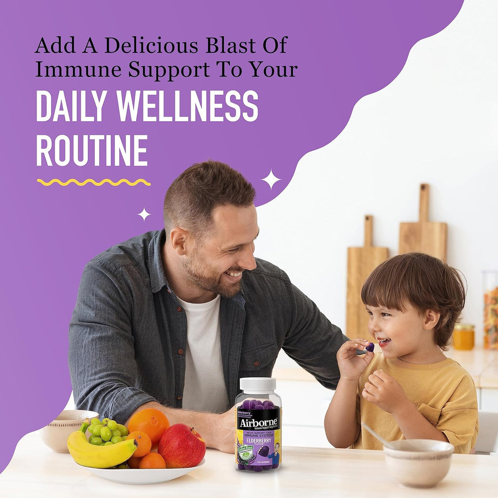Airborne Elderberry + Zinc & Vitamin C Gummies for Adults, Immune Support with Antioxidants Vitamins C, D & E, 130 Count, Elderberry Flavor