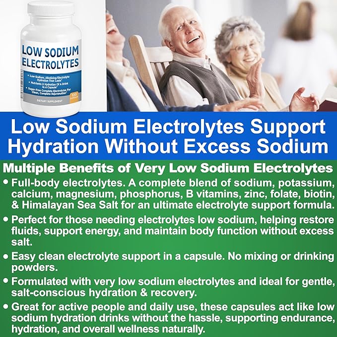 Low Sodium Electrolytes Only 23mg Serving 120 Servings Almost No Sodium Electrolyte Supplement, Sugar Free Fast Hydration Potassium, Magnesium, Zinc, C & More Kidney Friendly Low Sodium Electrolytes