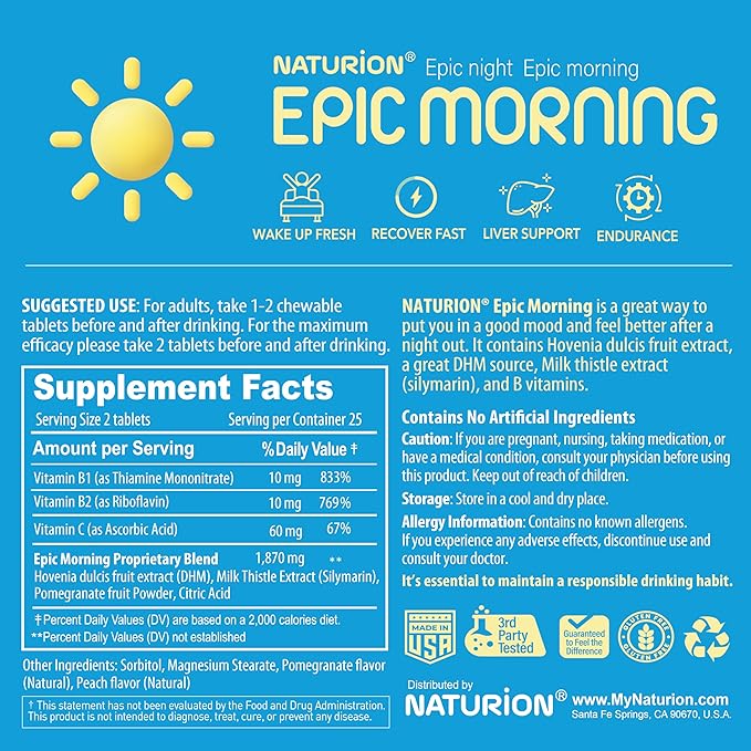 Epic Morning - Liver Detox & Repair Supplement with DHM, Milk Thistle, Vitamin C, B1, B2 & Pomegranate - Natural Pomegranate & Peach Flavor - 50 Chewable Tablets for Liver Support & Morning Recovery