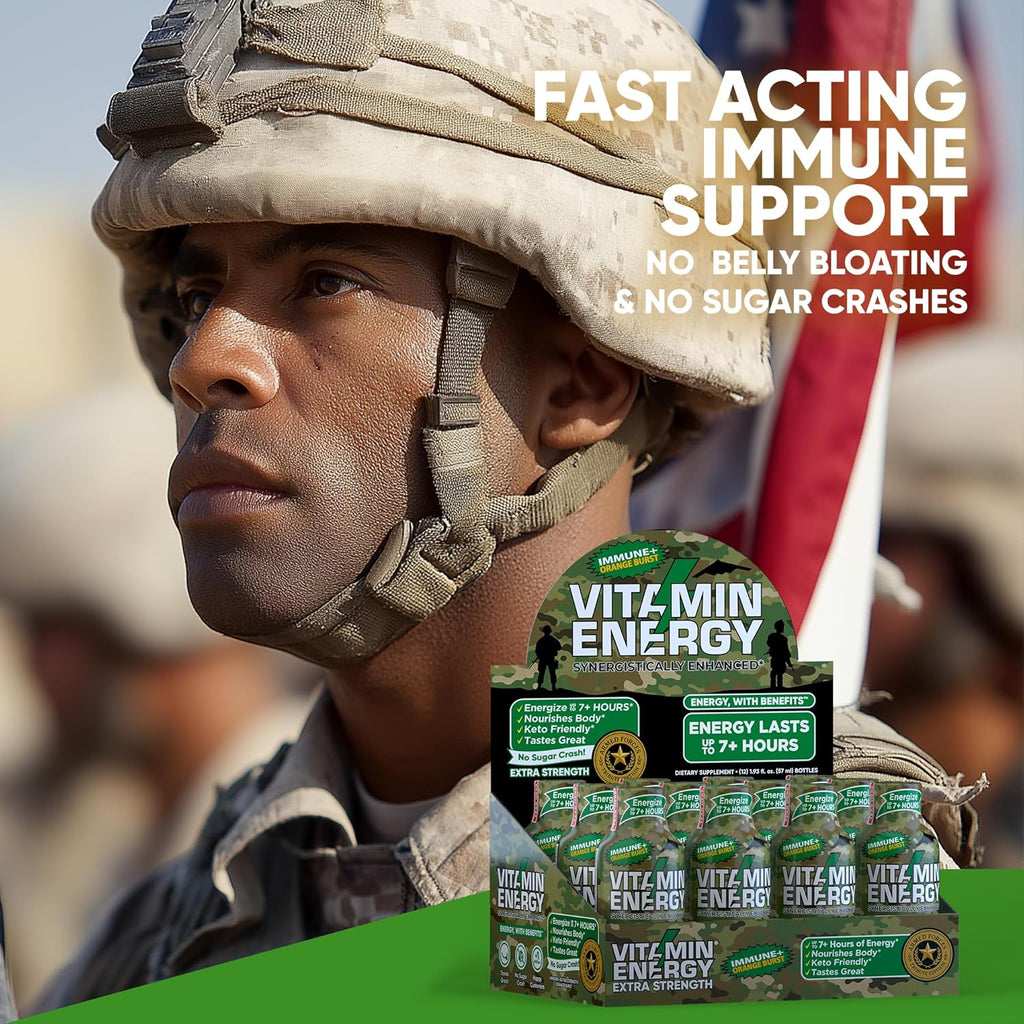 Vitamin Energy Immune+ Extra Strength Energy Shot Army Orange 24 Pack, 260mg Natural Caffeine, B-Vitamins, Citicoline, Green Tea, Immunity & Focus Support, Zero Sugar, Gluten-Free 1.93 fl oz