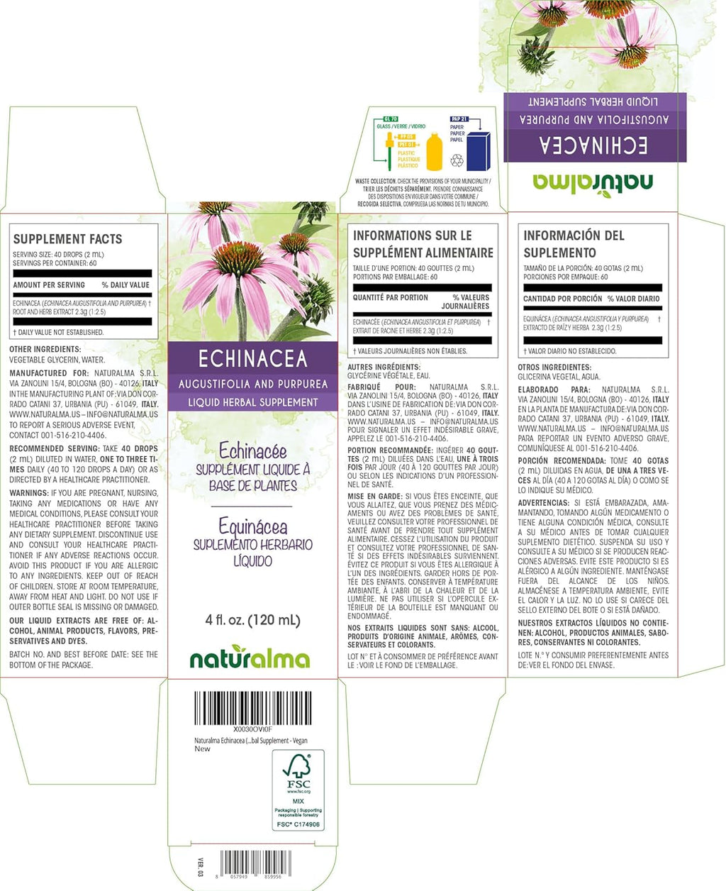 Naturalma Echinacea (Echinacea angustifolia and purpurea) Root and herb Alcohol-Free Tincture - 4 fl oz Liquid Extract in Drops - Herbal Supplement - Vegan