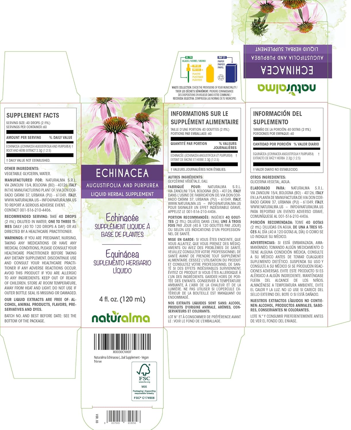 Naturalma Echinacea (Echinacea angustifolia and purpurea) Root and herb Alcohol-Free Tincture - 4 fl oz Liquid Extract in Drops - Herbal Supplement - Vegan